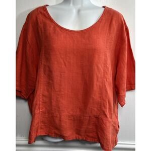 Vintage Tom Tom California 100% Linen Top Medium S/S Orange Boxy Lagenlook Boho